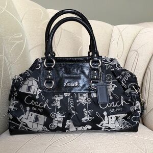 Coach Black Leather and Grey Carriage Fabric Print Bag w/cross body strap
